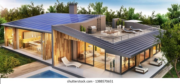 Beautiful country house with roof terrace and solar panels.
Exterior and interior design of a luxury home with a swimming pool. 3d rendering