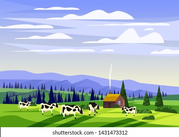 Beautiful countryside summer landscape, herd of cows valley rural farm house, green hills, mountain, bright color blue sky, meadows with mountains panorama horizon in trendy cartoon flat style - Powered by Shutterstock