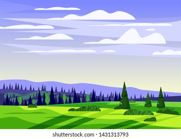 Beautiful countryside summer landscape, valley rural farm house, green hills, bright color blue sky, meadows with mountains panorama horizon in trendy cartoon flat style and bright colors - Powered by Shutterstock