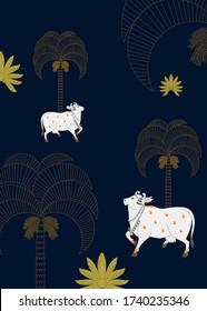 A Beautiful Cow Illustration for Interior Wall Decor. Indian Cow Art Print for Interior.