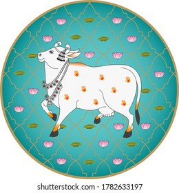 A Beautiful Cow Pichwai Painting in Circle. Indian White Cow Illustration with Hand Pattern