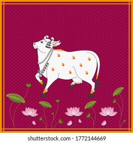A Beautiful Cow Pichwai Painting for Interior Wall Decoration. Indian Cow Backdrop Illustration.
