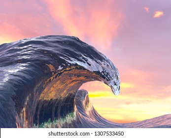 beautiful curl of the ocean waves at sunset, 3d illustration
