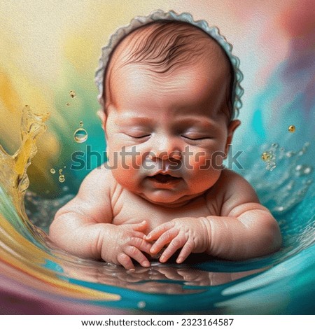 Beautiful so cute 1 month old baby is bathing and sleeping isolated on oil  painting 