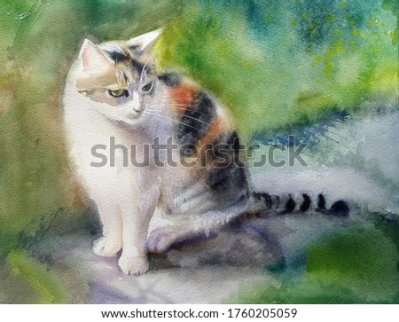 beautiful cute fluffy tricolor cat with white breast and paws, sitting turned right on a colored green background, watercolor painting