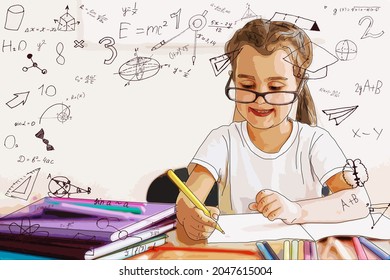 Beautiful Cute Little Genius Girl With Books And Math Formulas, Problems Around Her