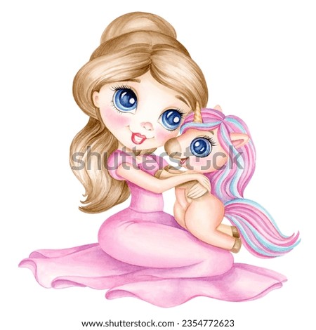 Beautiful cute little princess girl hugs baby unicorn. Hand drawn watercolor illustration in cartoon style