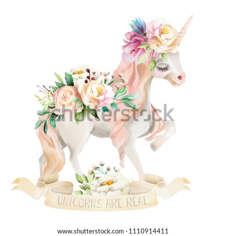 Beautiful, cute, watercolor dreaming unicorn, pegasus with flowers, floral crown, bouquet and ribbon with qoute isolated on white
