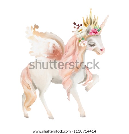 Beautiful, cute, watercolor dreaming unicorn, pegasus with wings and  flowers, golden crown, floral bouquet isolated on white