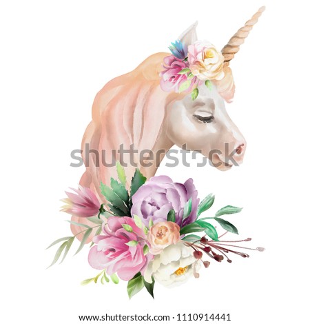 Beautiful, cute, watercolor unicorn head with flowers, floral crown, bouquet isolated on white