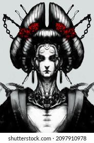 A Beautiful Cyber Geisha, With Red Roses In Her Hair, Her Neck Is A High-tech Implant. Digital Drawing Style, 2D Illustration