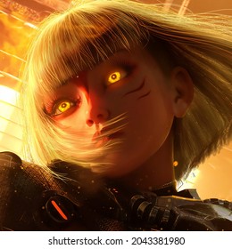A beautiful cyborg girl with fiery yellow eyes looks unfeelingly and ominously ahead on a fiery background, she has blonde square hair and tattoos on her face, in the anime style. 3d rendering
