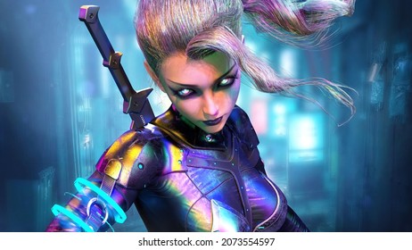A beautiful cyborg girl in a tight black suit with a rainbow effect looks sternly at the camera with a cold gaze, she has colored glowing eyes, against the background of a neon alley. 3d rendering