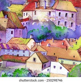 Beautiful czech small european town hand drawn watercolor illustration poster oil canvas acrylic painting 