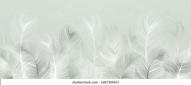 Beautiful decorative feathers on a light pistachio background. Interior printing. The mural art.