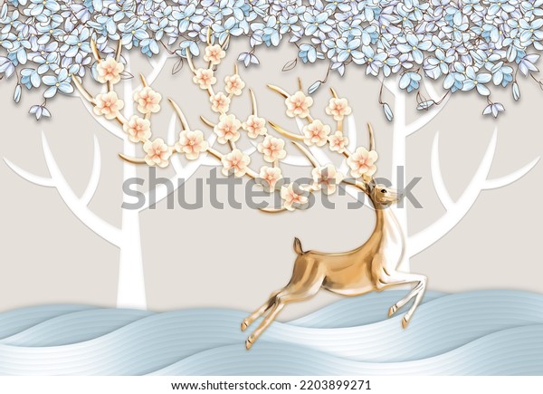 beautiful deer with tree and wave wallpaper 3d