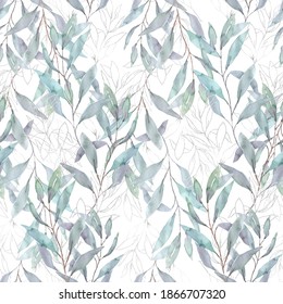 Beautiful And Delicate Floral Seamless Pattern With Watercolor Gentle Greenery And Leaves Of Eucalyptus And Silver Floral Elements. Winter Themed Design. Botanical Print On White Background.