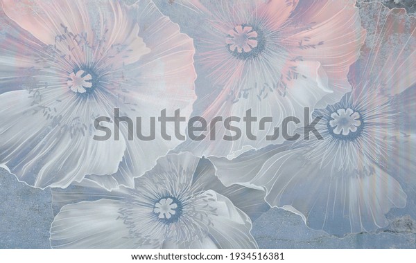 Beautiful delicate macro white-blue flowers on concrete grunge wall. Floral background. Design for mural, wallpaper, photo wallpaper, card, postcard.