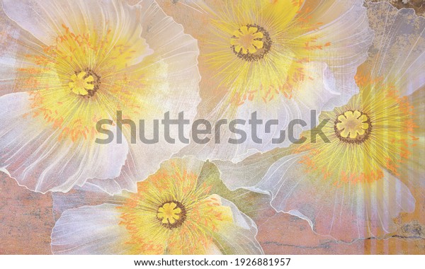 Beautiful delicate macro white-yellow flowers on concrete grunge wall. Floral background. Design for mural, wallpaper, photo wallpaper.