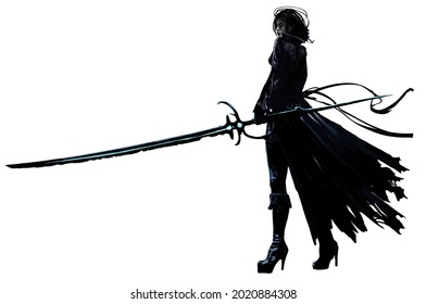 A beautiful demon hunter girl in a tight leather cloak and stiletto boots, a long magic sword saber in her hands, she stands epically on her slender sexy legs. 2d illustration