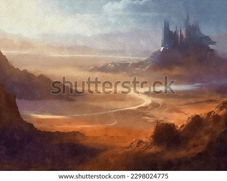 Beautiful desert landscape in the style of the film, cinematic, glamor shot, golden hour, wide angle. Sunset in the desert, panorama of the mountains. Watercolor paintings