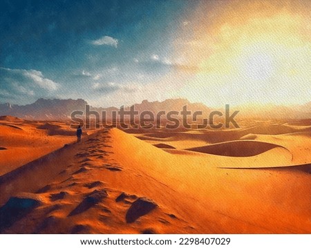Beautiful desert landscape in the style of the film, cinematic, glamor shot, golden hour, wide angle. Sunset in the desert, panorama of the mountains. Watercolor paintings