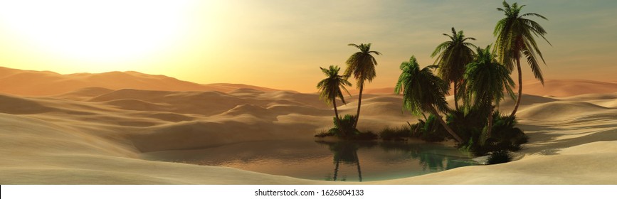 Beautiful desert oasis, sand desert with a pond and palm trees, 3D rendering