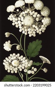The beautiful detailed blooms the Queen Anne's Lace flower  white and green leaves black background  Artistic illustration 