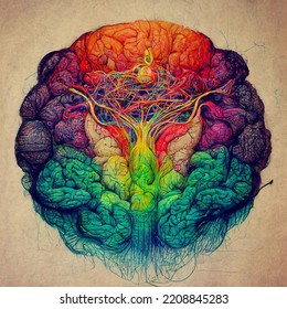 Beautiful Detailed Brain Illustration In Colorful Texture Pattern, Qualitative Brain Drawing In Quantum Colorful Style