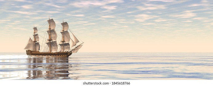 Beautiful Detailed Old Merchant Ship By Sunset - 3D Render