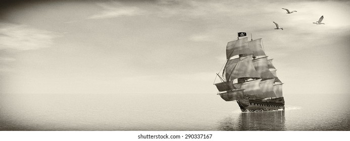 Beautiful detailed Pirate Ship, floating on the ocean surrounded with seagulls by day, vintage style image  - 3D render