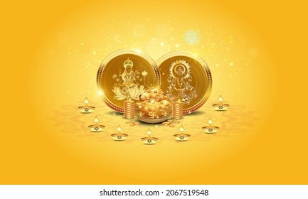 Beautiful Diwali Festival Celebration And Worship Puja Creative Banner With Goddess Laxmi And God Ganesha On Golden Coin Pot Jewellary Design And Glowing Diya Candle Lamp Light