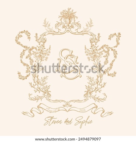Beautiful elegant wedding monogram featuring the initials S and S surrounded by intricate floral motifs.