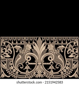 A Beautiful Embroidery Lace Border Design , Black Background, Baroques, Digital And Textile Print On Fabric