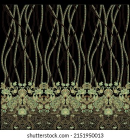 A Beautiful Embroidery Lace Border Design, Floral Motifs, Black Background, Line Work , Repeat Pattern, Digital And Textile Print On Fabric