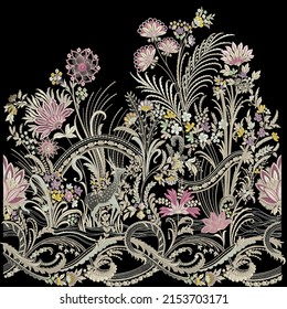 A Beautiful Embroidery Lace Border Design, Digital Colorful Flowers, Black Background, Diigtal And Textile Print On Fabric