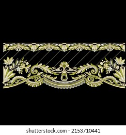 A Beautiful Embroidery Lace Border Design, Colorful Baroques , Black Background, Digital And Textile Print On Fabric