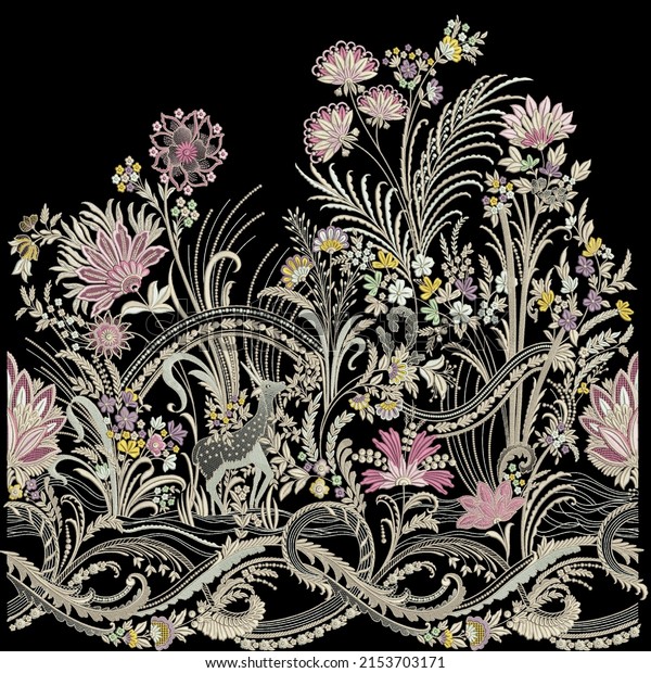A\
beautiful embroidery lace border design, digital colorful flowers,\
black background, diigtal and textile print on\
fabric