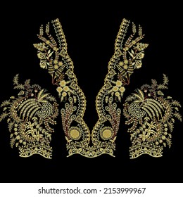 A beautiful embroidery neckline design, black background, Manualy traced artwork, Asian trendy women wear fashion fabric design