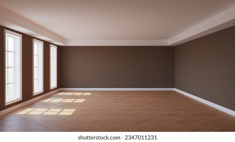 Beautiful Empty Sunlit Interior with Brown Walls, Three Large Windows, Cornice, Parquet Floor and a White Plinth. 3d illustration with a Work Path on the Windows. 8K Ultra HD, 7680x4320