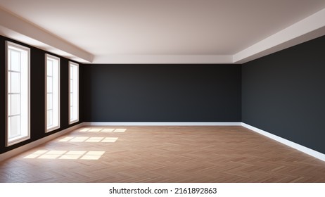 Beautiful Empty Sunlit Room with Black Walls, Three Large Windows, White Ceiling Cornice, Parquet Floor and a White Plinth. 3D rendering with a Work Path on the Windows. 8K Ultra HD, 7680x4320