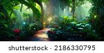 A beautiful enchanted forest with big fairytale trees and great vegetation. Digital Painting Background, Illustration.