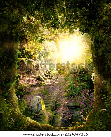 Beautiful enchanting forest opening path leading to a bright light, 3d render.