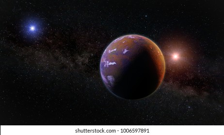 beautiful exoplanet, part of an alien binary star system with a red and blue star (3d space rendering)