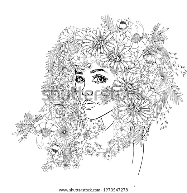 Beautiful Face Flowers Coloring Page Stock Illustration 1973547278 