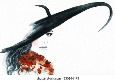 Beautiful face. woman portrait with hat. abstract watercolor .fashion background