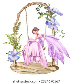 Beautiful fairy sits swing  illustration  Magical fairy and wings portrait Watercolor hand painted fantasy concept design  Fairytale character graphic for poster  banner card invitation 