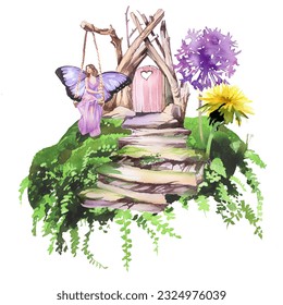 Beautiful fairy sits swing illustration  Magical fairy and wings portrait Watercolor hand painted fantasy concept design  Fairytale character graphic for poster  banner card invitation 