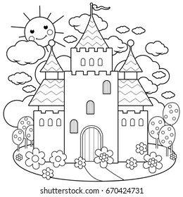 Beautiful Fairy Tale Castle. Black And White Coloring Page.