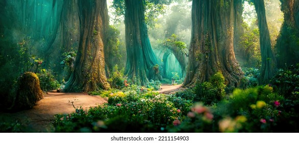 Un hermoso bosque de cuento de hadas encantado con grandes árboles y gran vegetación. Fondo de pintura digital.